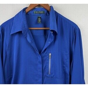 Ralph Lauren Women 1X Silky Royal Blue Hidden Button Top Pocket Career Corpcore